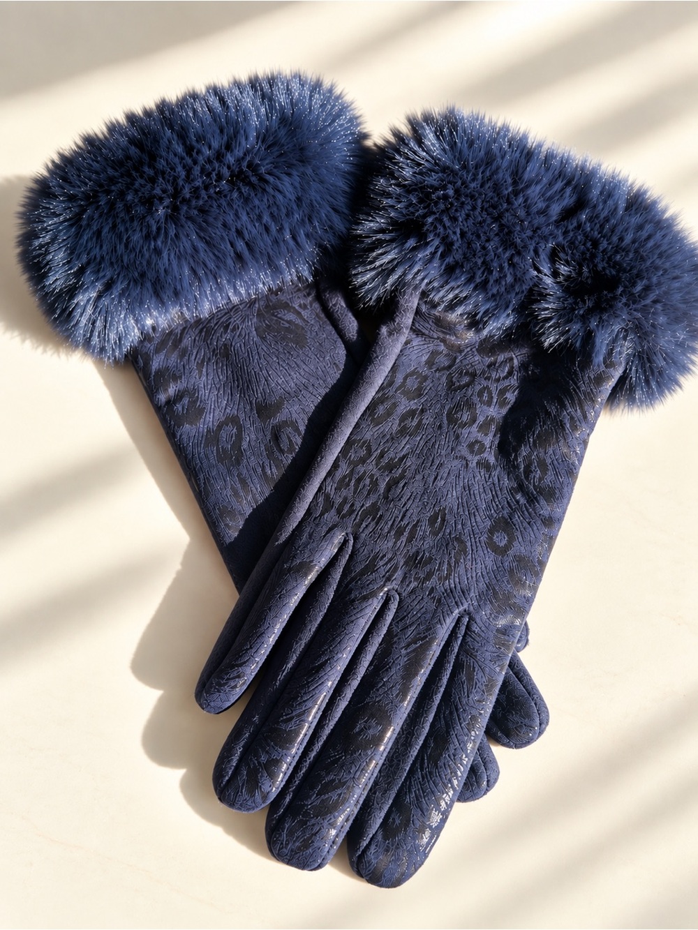 Women's Navy Blue Leopard Print Faux Fur Cuff Gloves Soft Elegant Winter Chic